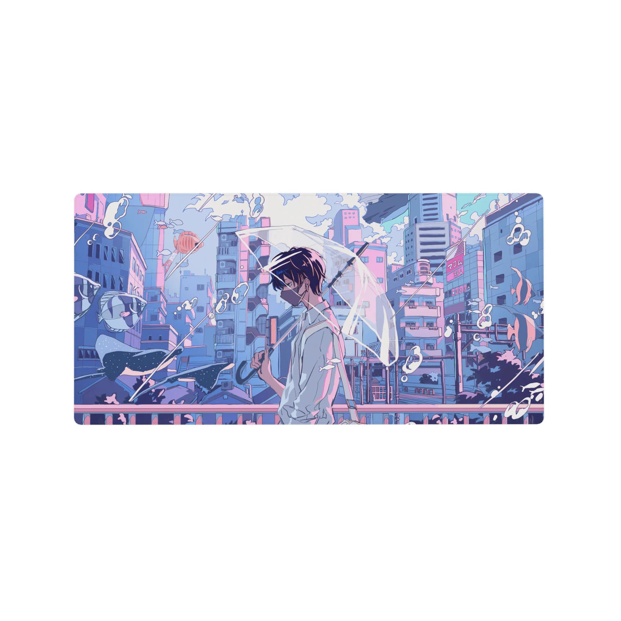 32x16 inches anime mouse pad with neon city bridge scene, bubbles and ribbons, masked boy with umbrella.