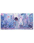 32x16 inches anime mouse pad with neon city bridge scene, bubbles and ribbons, masked boy with umbrella.