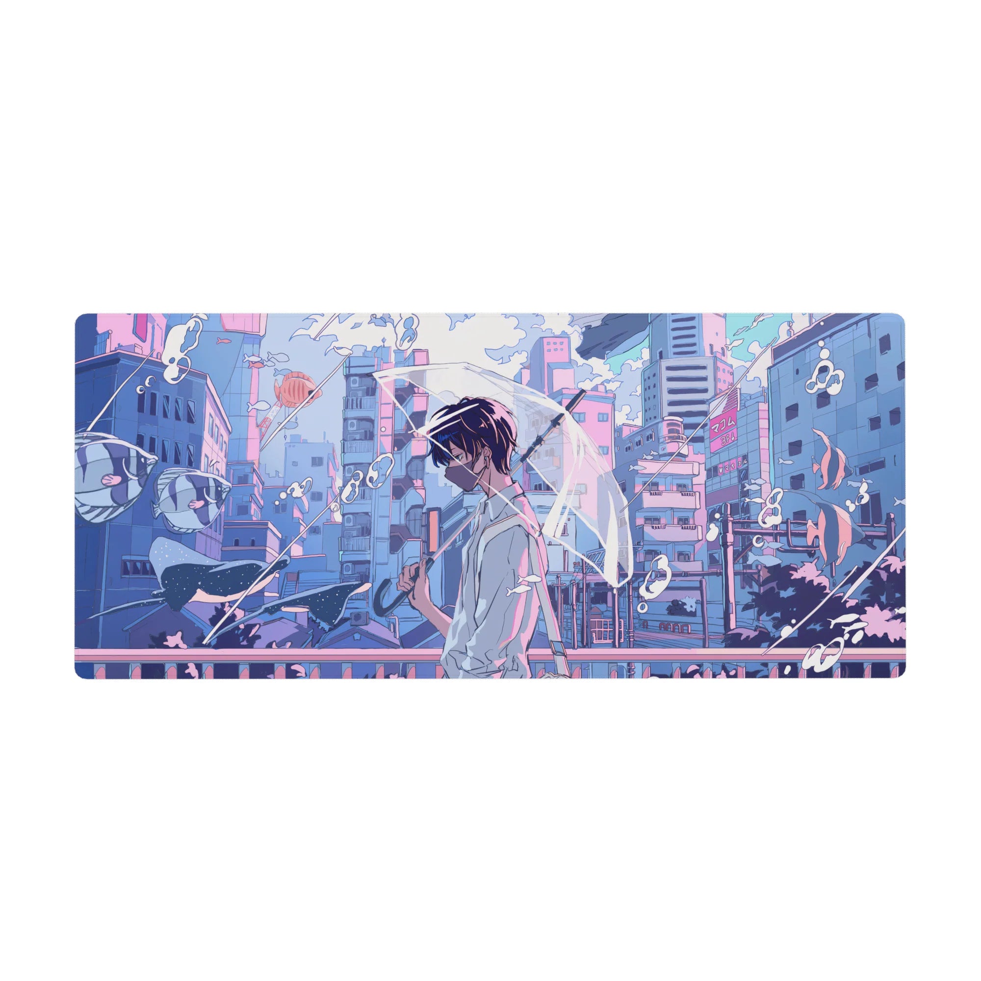 Anime desk pad 36x16 inches with neon city bridge, pastel clouds, bubbles, and clean linework.