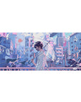 Anime desk pad 36x16 inches with neon city bridge, pastel clouds, bubbles, and clean linework.