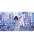 40x20 inches anime desk pad with pastel neon city bridge, bubbles and ribbons, clean linework.