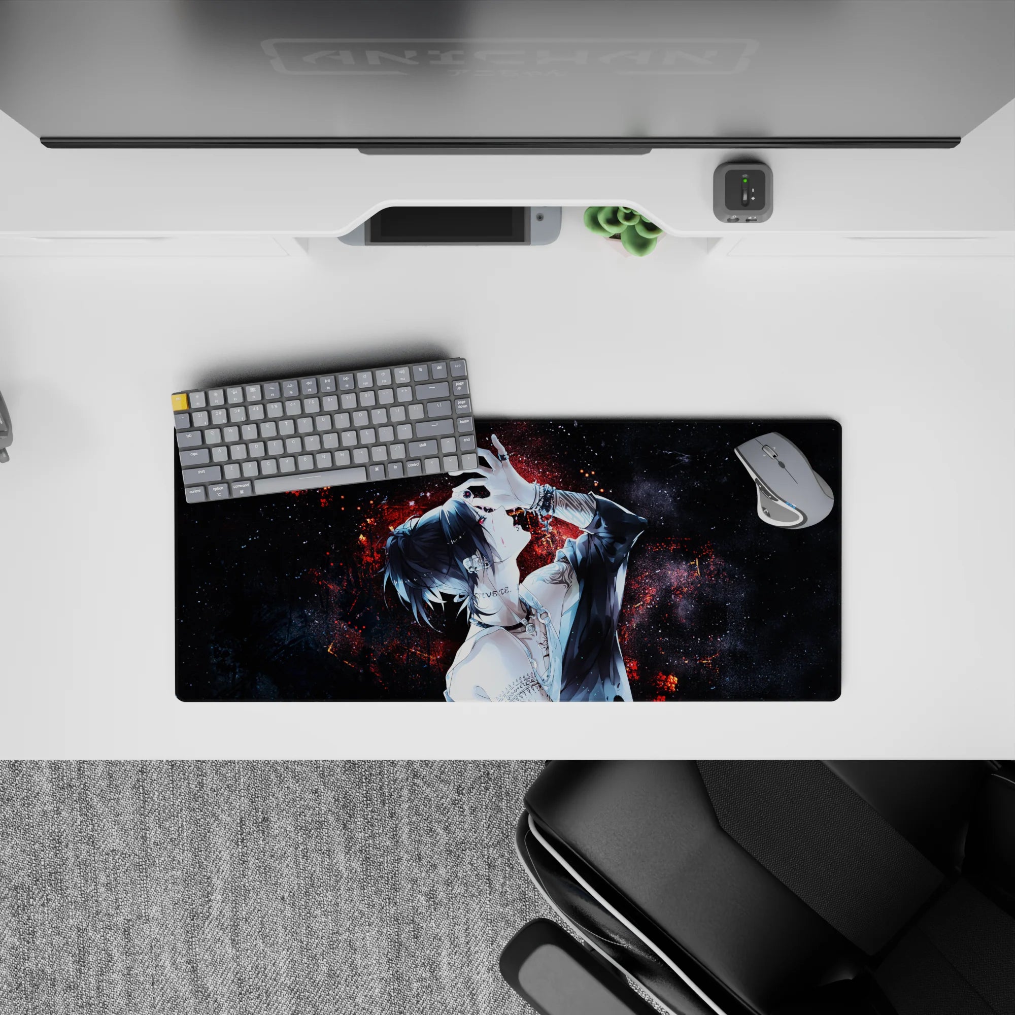 Anime mouse pad 28x12 inches featuring a tattooed character against neon-red embers and deep-space black, adding a dark vibe.