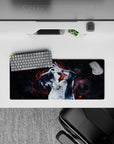 Anime mouse pad 28x12 inches featuring a tattooed character against neon-red embers and deep-space black, adding a dark vibe.