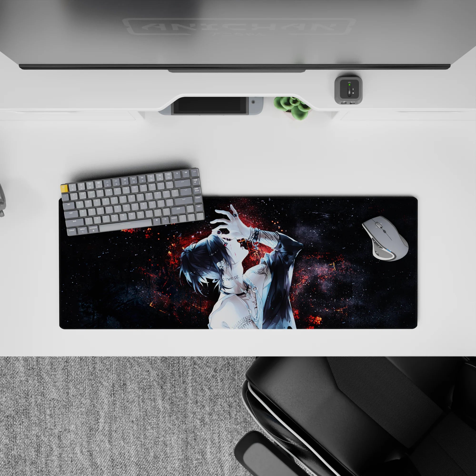 Anime mouse pad 32x12 inches with tattooed character, neon-red embers, deep-space black background.