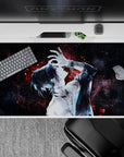 Anime mouse pad 40x20 inches with tattooed figure, neon-red embers on deep-space black, exuding mystery and elegance.