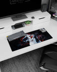 Anime mouse pad 28x12 inches featuring a mysterious tattooed figure with neon-red embers on a deep-space black background.