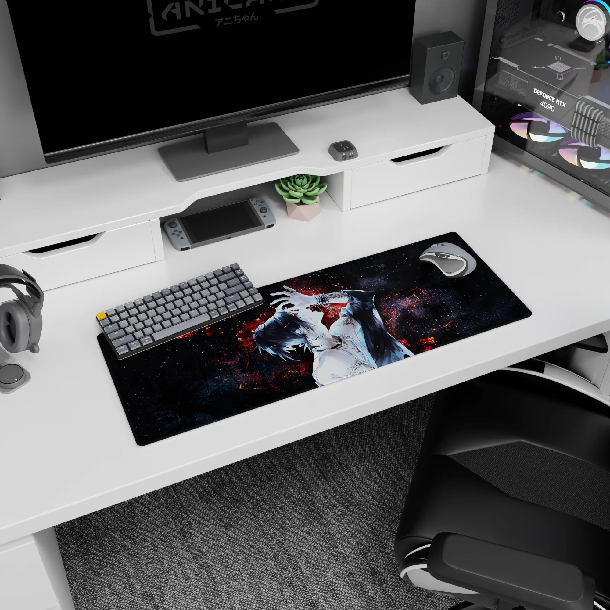 Anime mouse pad 32x12 inches featuring a tattooed character with neon-red embers on deep-space black background.