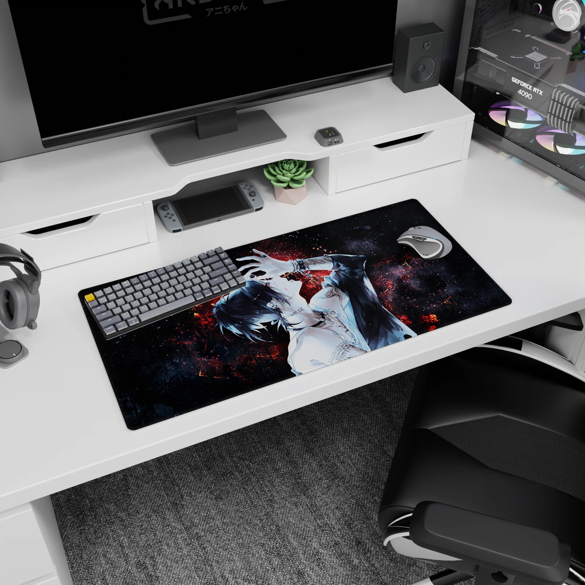 Anime mouse pad 32x16 inches featuring a mysterious tattooed character with neon-red embers on a deep-space black background.