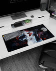 Anime mouse pad 32x16 inches featuring a mysterious tattooed character with neon-red embers on a deep-space black background.