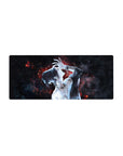 Anime mouse pad, 28x12 inches, with tattooed character in neon-red embers on a deep-space black background, moody and elegant.