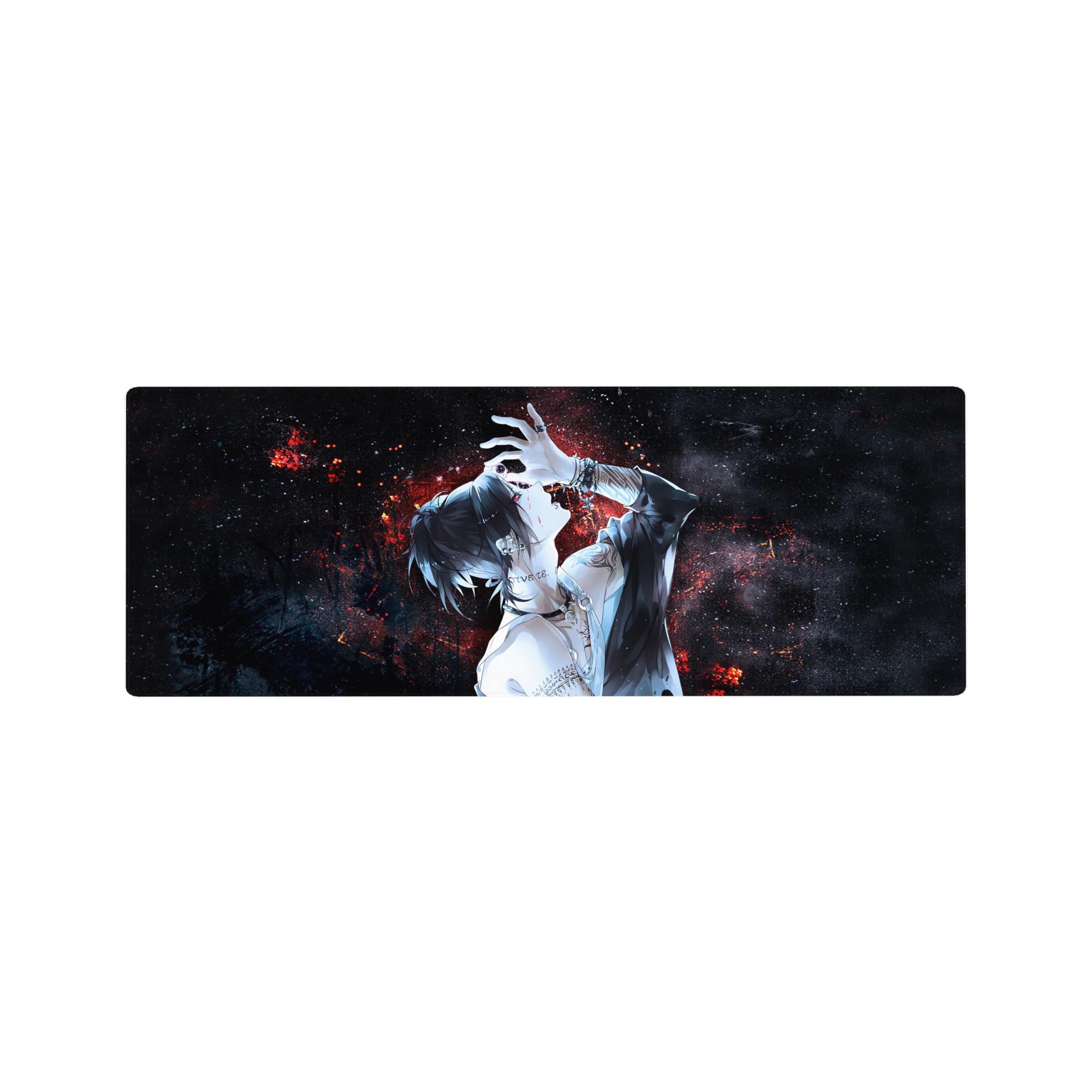 Anime mouse pad 32x12 inches with neon-red embers, tattooed figure, deep-space black background, and glinting jewelry.