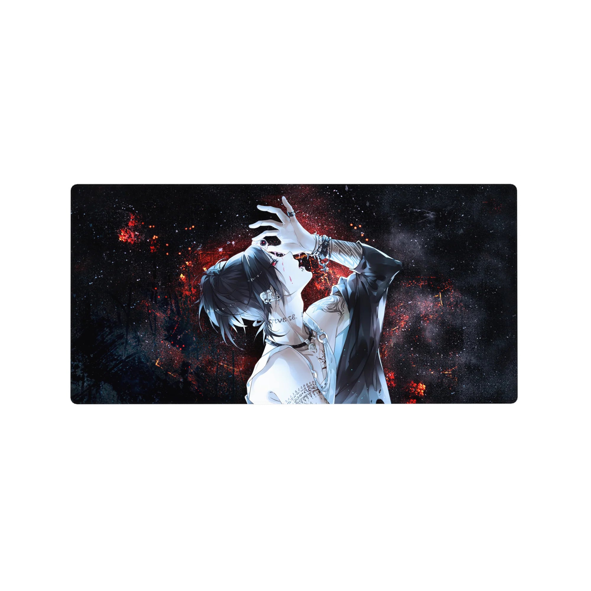 Anime mouse pad 32x16 inches with neon-red embers and tattooed figure on a deep-space black background; mysterious vibe.