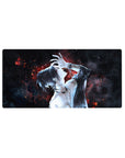 Anime mouse pad 32x16 inches with neon-red embers and tattooed figure on a deep-space black background; mysterious vibe.