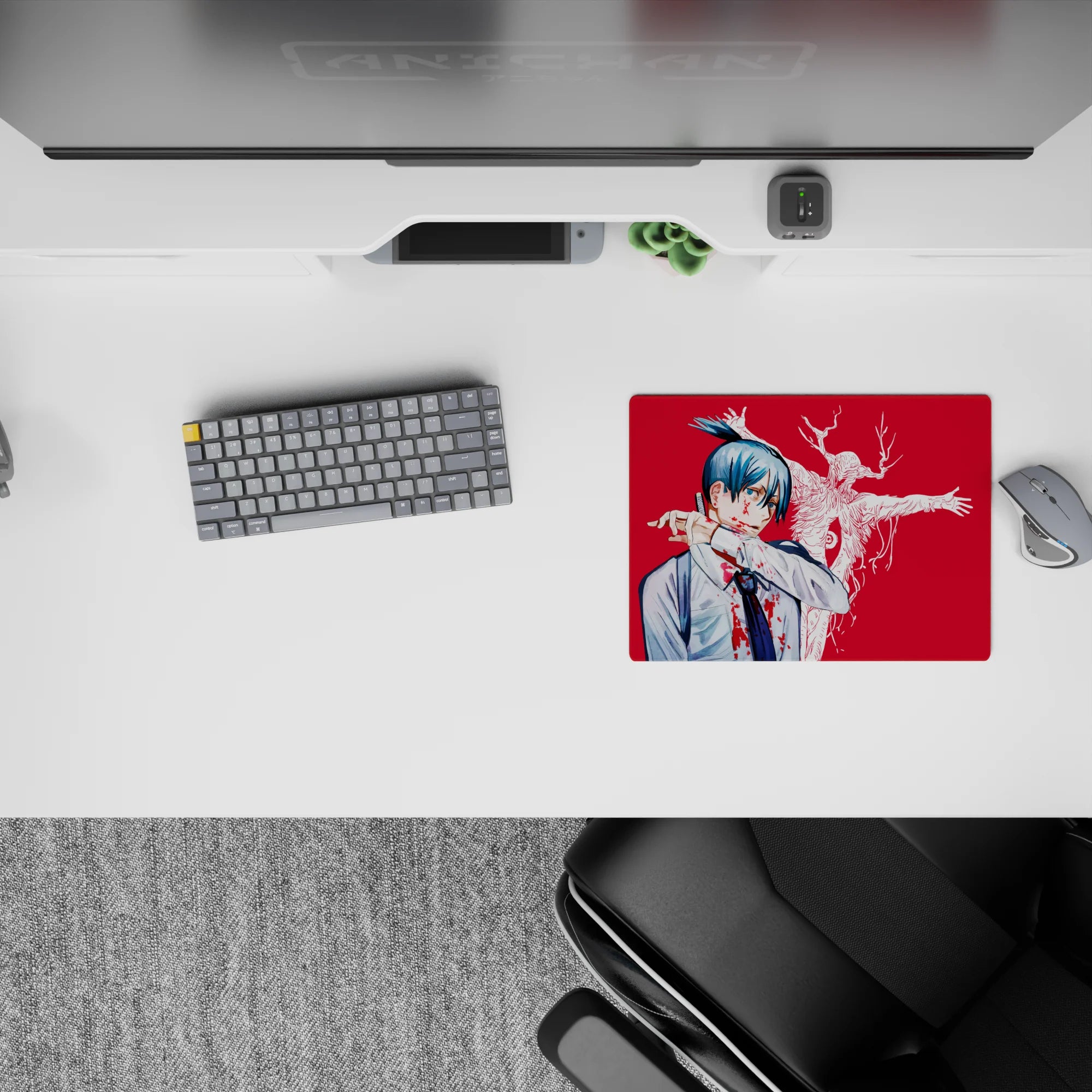 Aki Hayakawa on 14x10 inch anime mouse pad with Curse Devil from Chainsaw Man, blood red backdrop, intense gaze.
