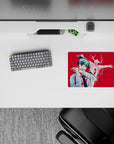 Aki Hayakawa on 14x10 inch anime mouse pad with Curse Devil from Chainsaw Man, blood red backdrop, intense gaze.