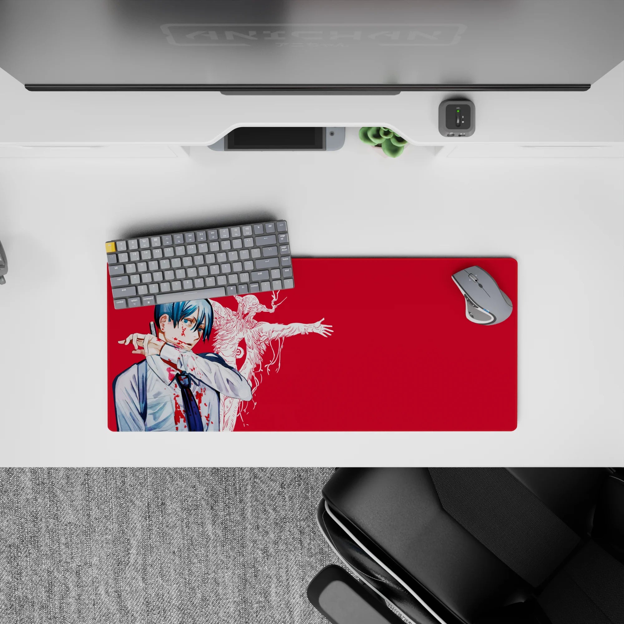 Anime mouse pad 28x12 inches featuring Aki Hayakawa from Chainsaw Man, standing with the Curse Devil in an intense scene.