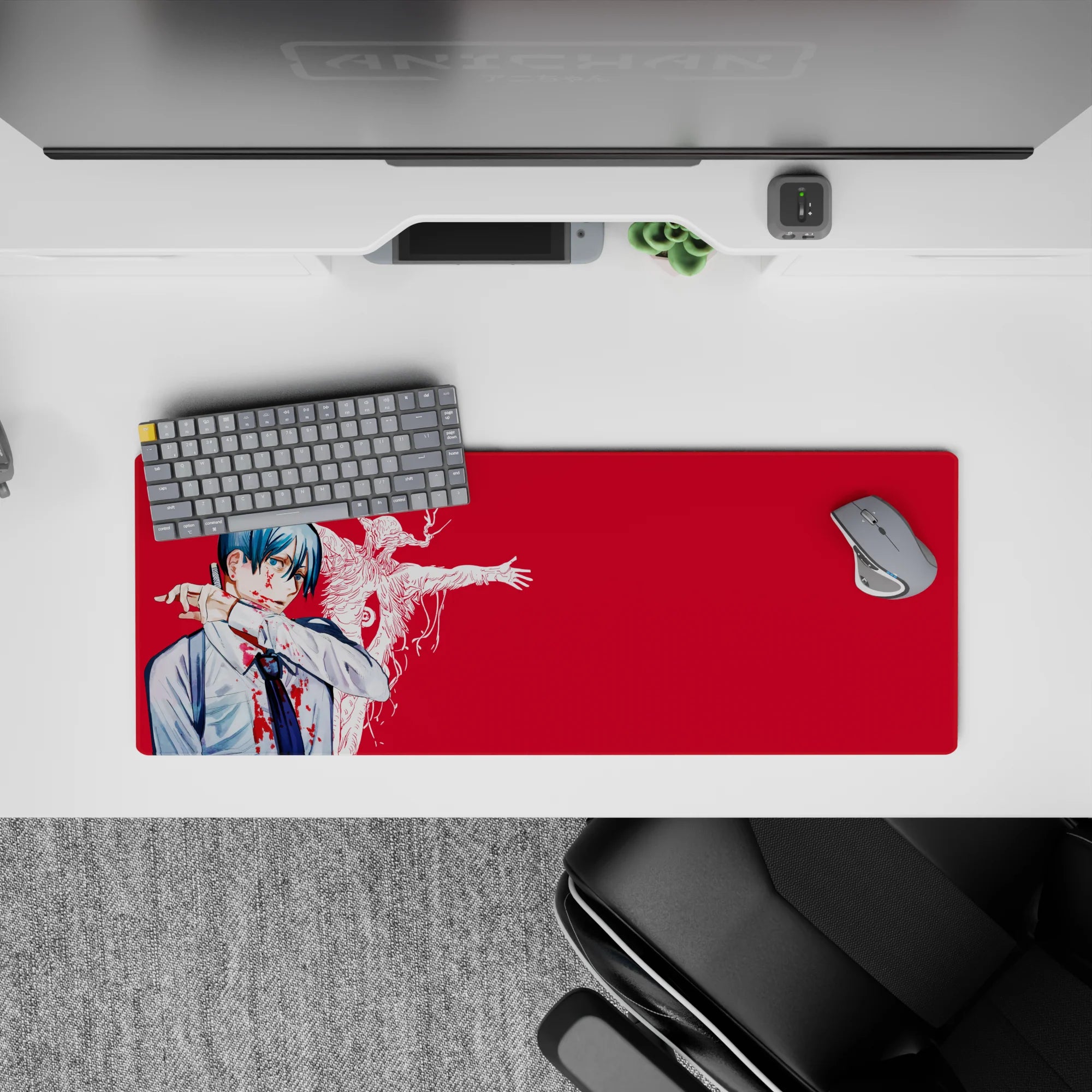 Aki Hayakawa from Chainsaw Man on 32x12 inch anime mouse pad, features Curse Devil and intense crimson background.