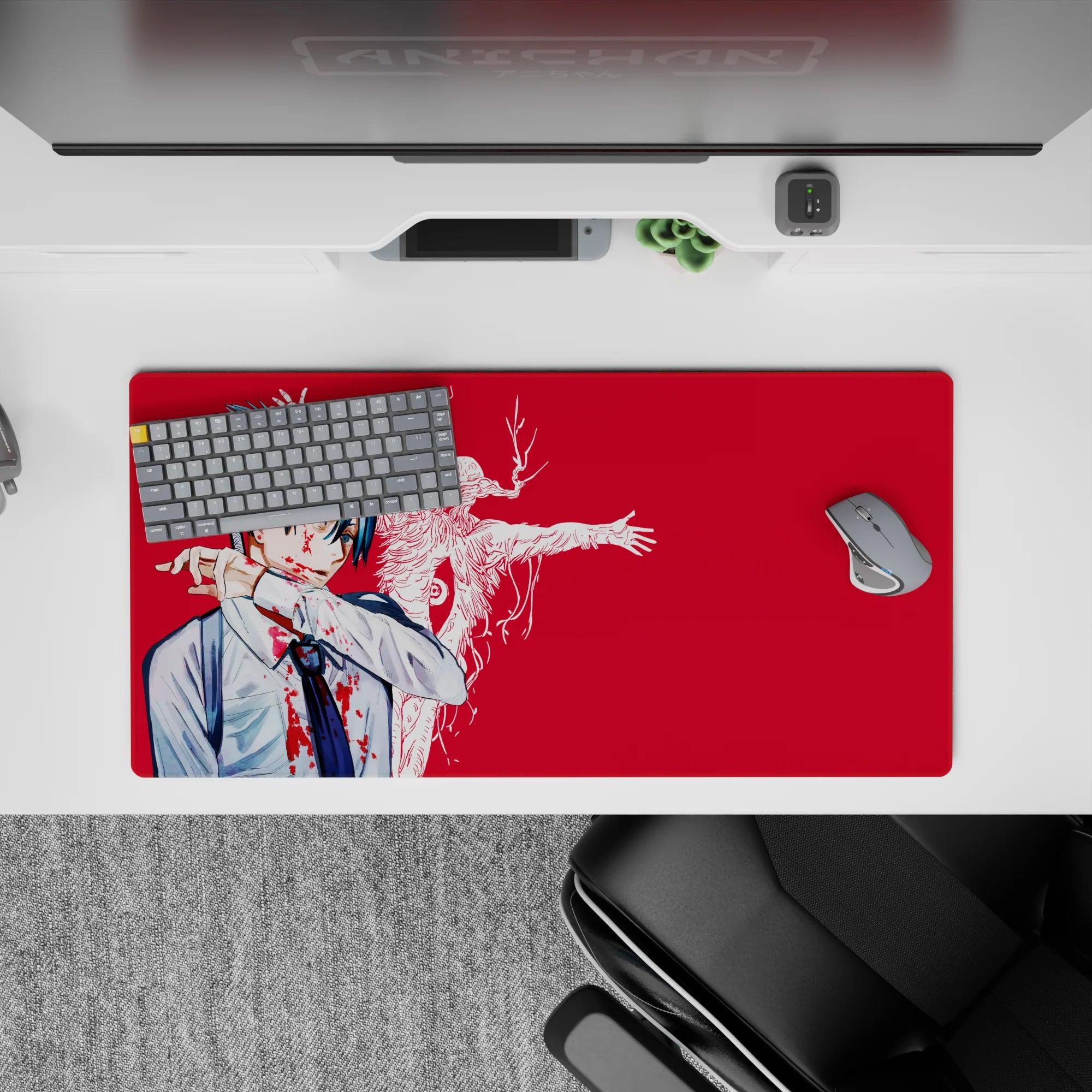 Aki Hayakawa from Chainsaw Man on 32x16 inch anime mouse pad, intense crimson, Curse Devil, detailed and dramatic design.