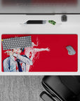 Aki Hayakawa from Chainsaw Man on 32x16 inch anime mouse pad, intense crimson, Curse Devil, detailed and dramatic design.