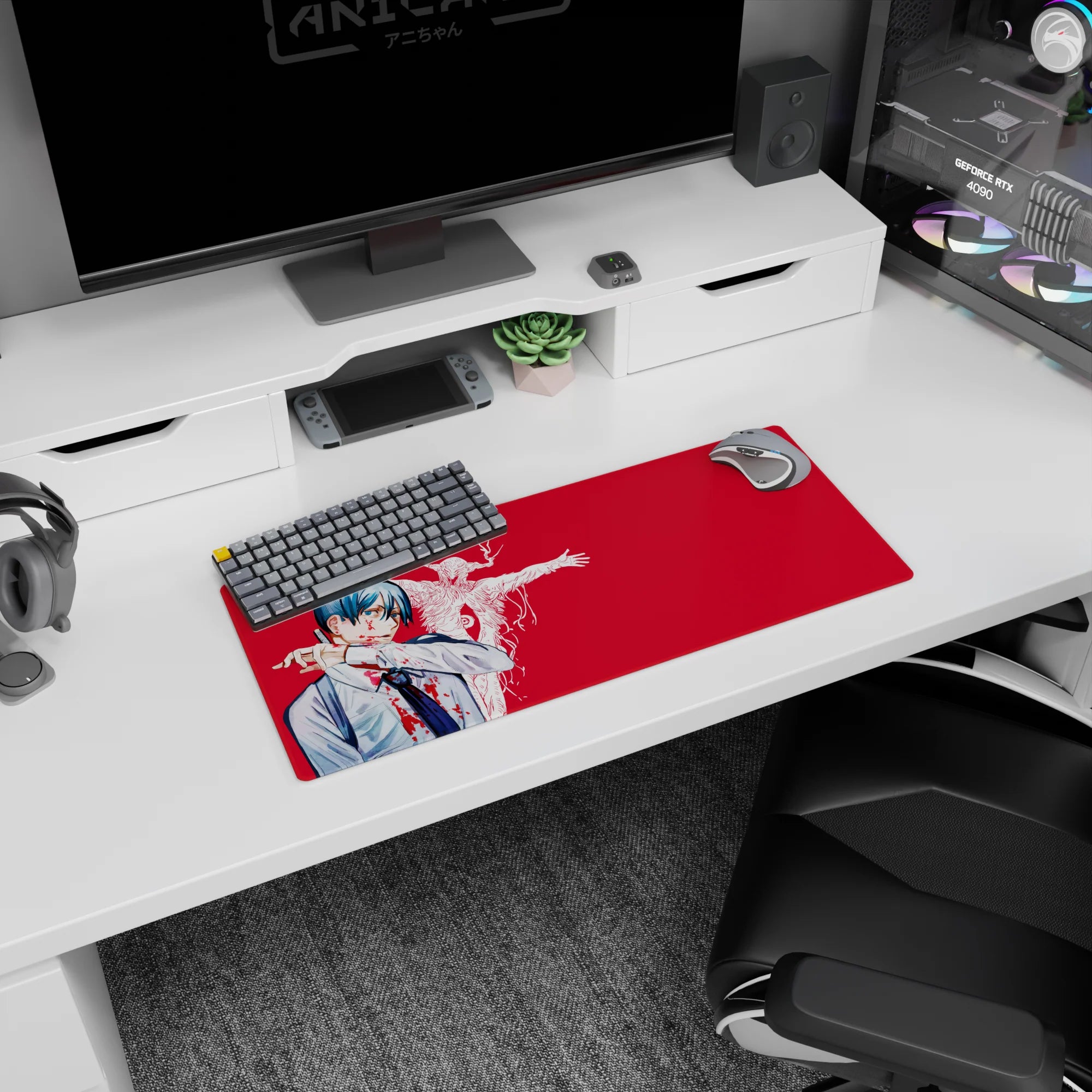 Anime mouse pad 28x12 inches featuring Aki Hayakawa from Chainsaw Man, showcasing his intense stare and Curse Devil.