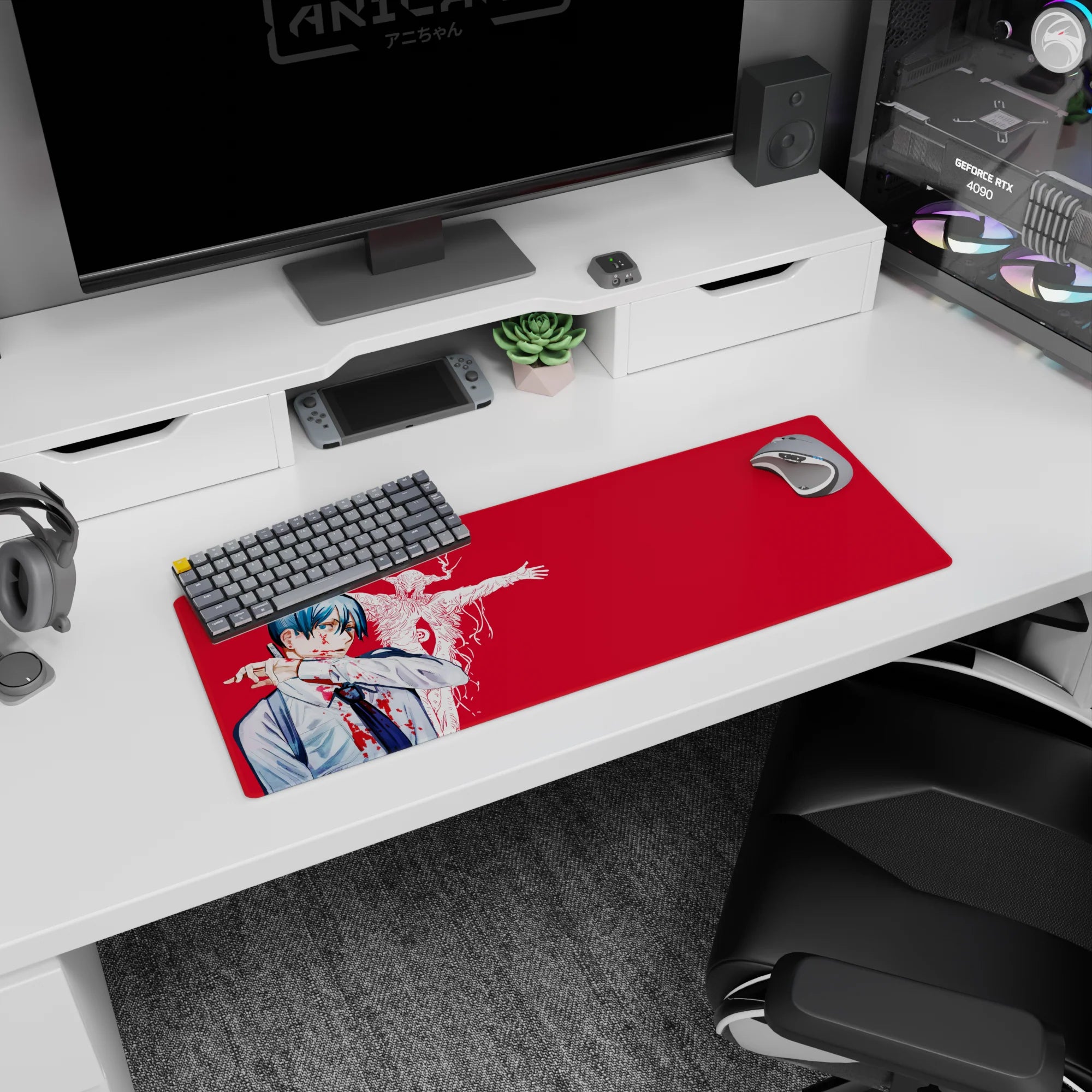 Aki Hayakawa and Curse Devil from Chainsaw Man on 32x12 inch mouse pad, vivid crimson and bone-white details.