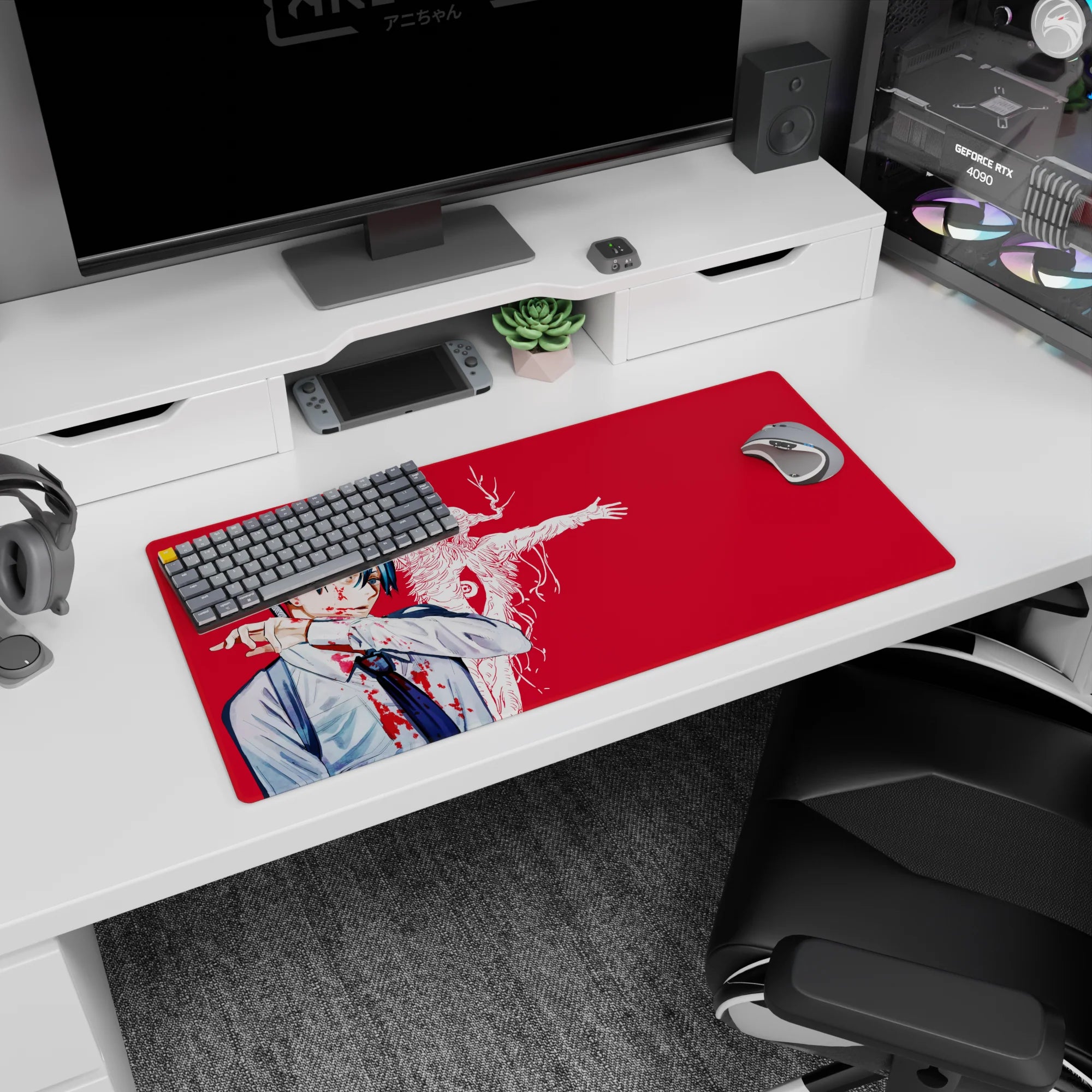 Aki Hayakawa from Chainsaw Man on a 32x16 inches mouse pad, featuring the Curse Devil amid a dynamic crimson background.