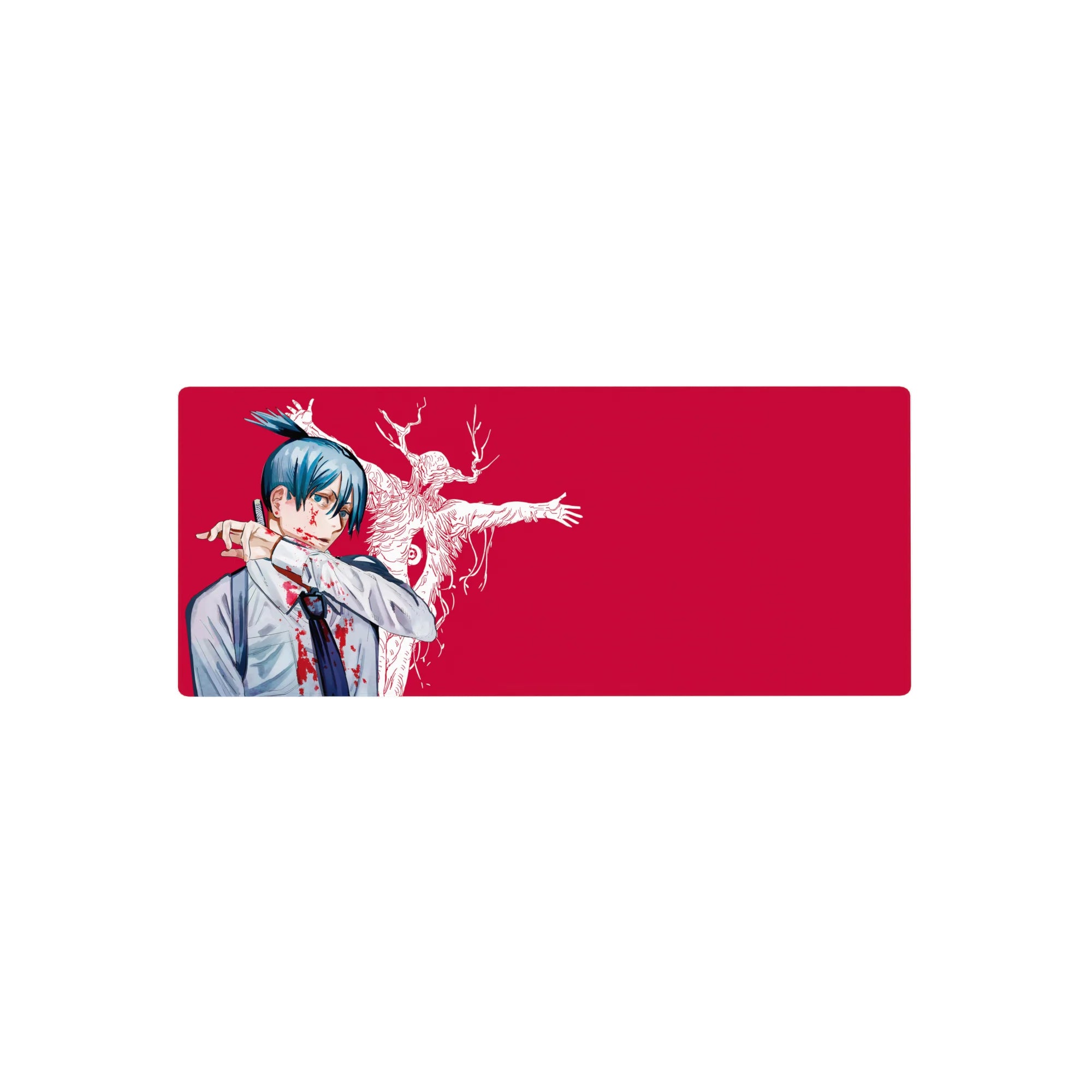 Aki Hayakawa from Chainsaw Man anime mouse pad, 28x12 inches, featuring Curse Devil in bone-white against crimson.
