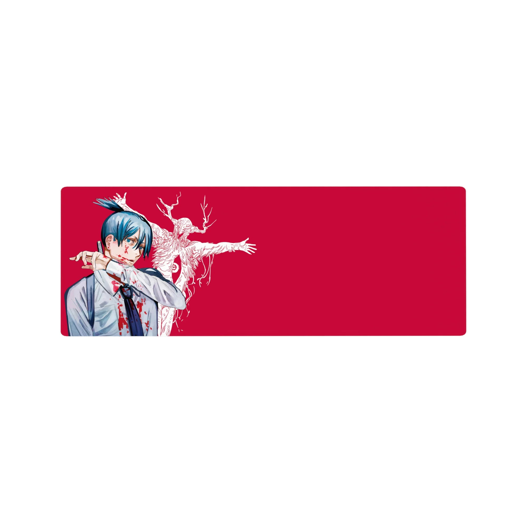 Aki Hayakawa from Chainsaw Man on a 32x12 inch anime mouse pad, featuring the Curse Devil in a crimson and bone-white design.