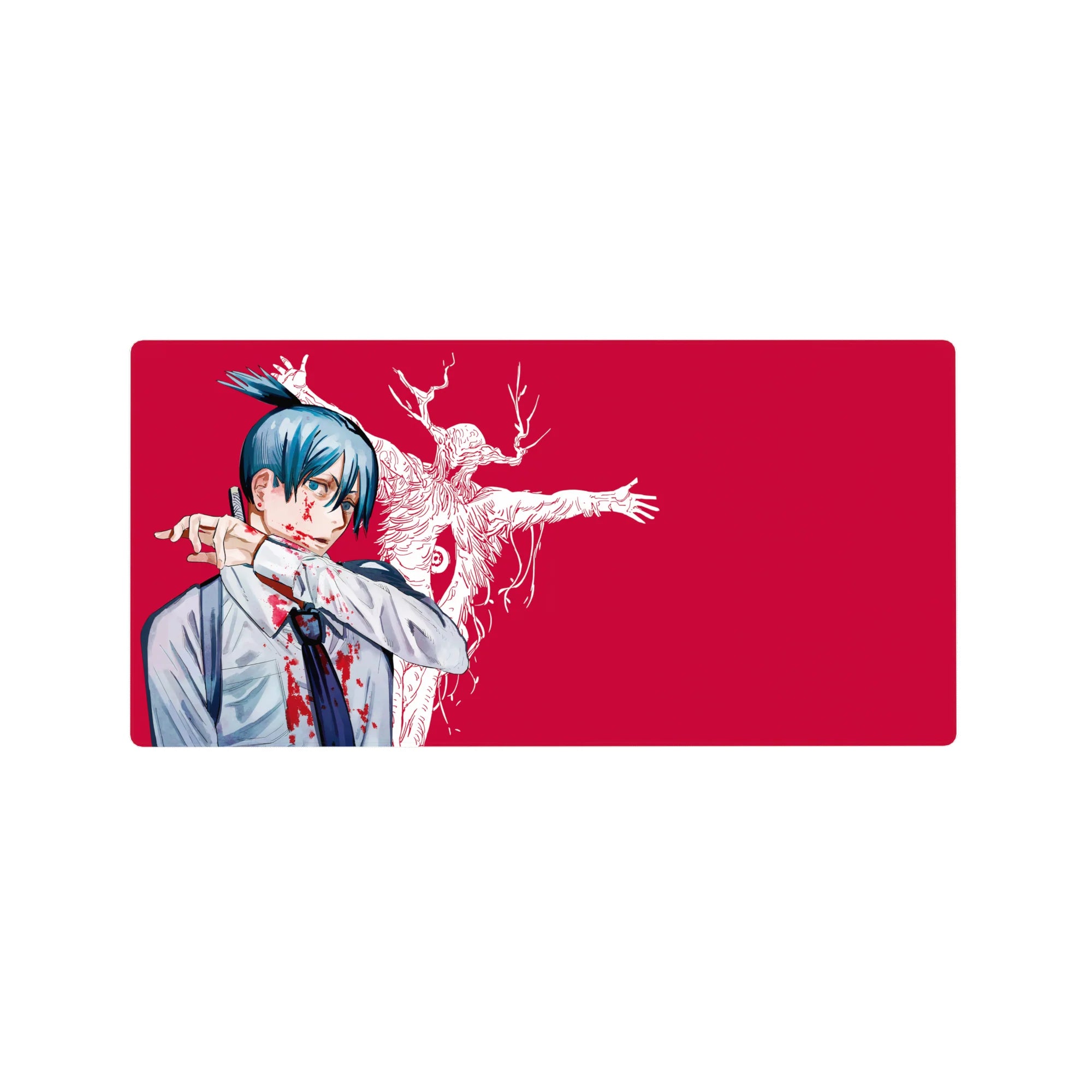 Anime mouse pad 32x16 inches featuring Aki Hayakawa from Chainsaw Man with the Curse Devil, intense crimson backdrop.