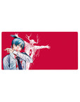 Anime mouse pad 32x16 inches featuring Aki Hayakawa from Chainsaw Man with the Curse Devil, intense crimson backdrop.