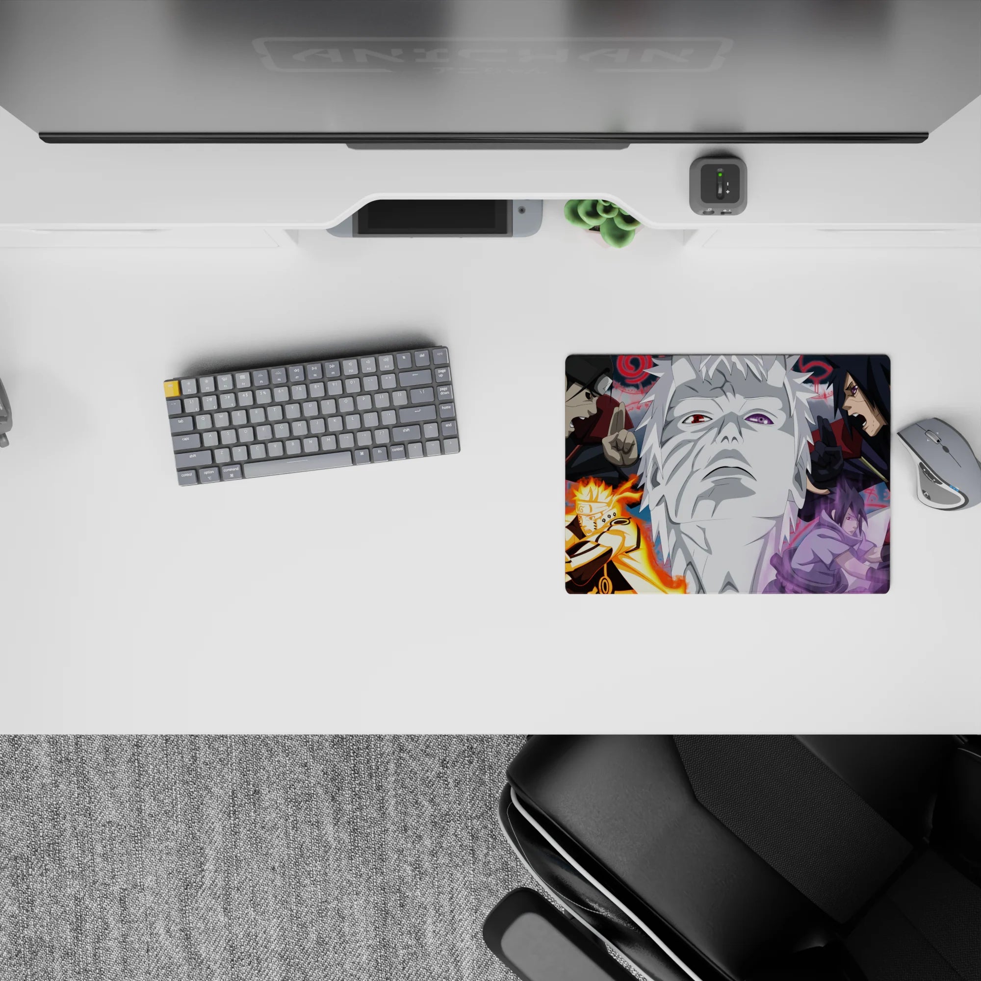 Anime mouse pad 14x10 inches in red-gray inks with orange chakra glow and moody violet energy vibe.