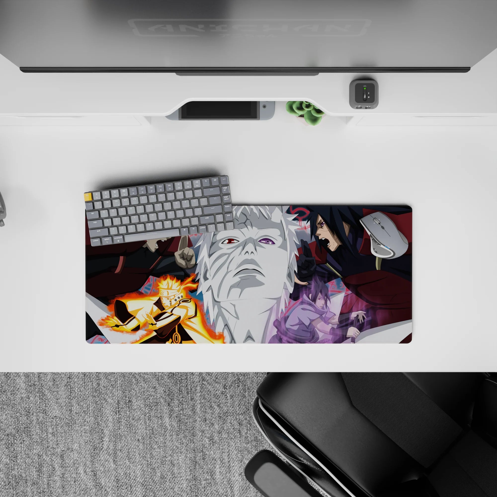 28x12 inches anime mouse pad in bold reds and grays with orange chakra and violet energy, clean ink style.