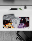 28x12 inches anime mouse pad in bold reds and grays with orange chakra and violet energy, clean ink style.