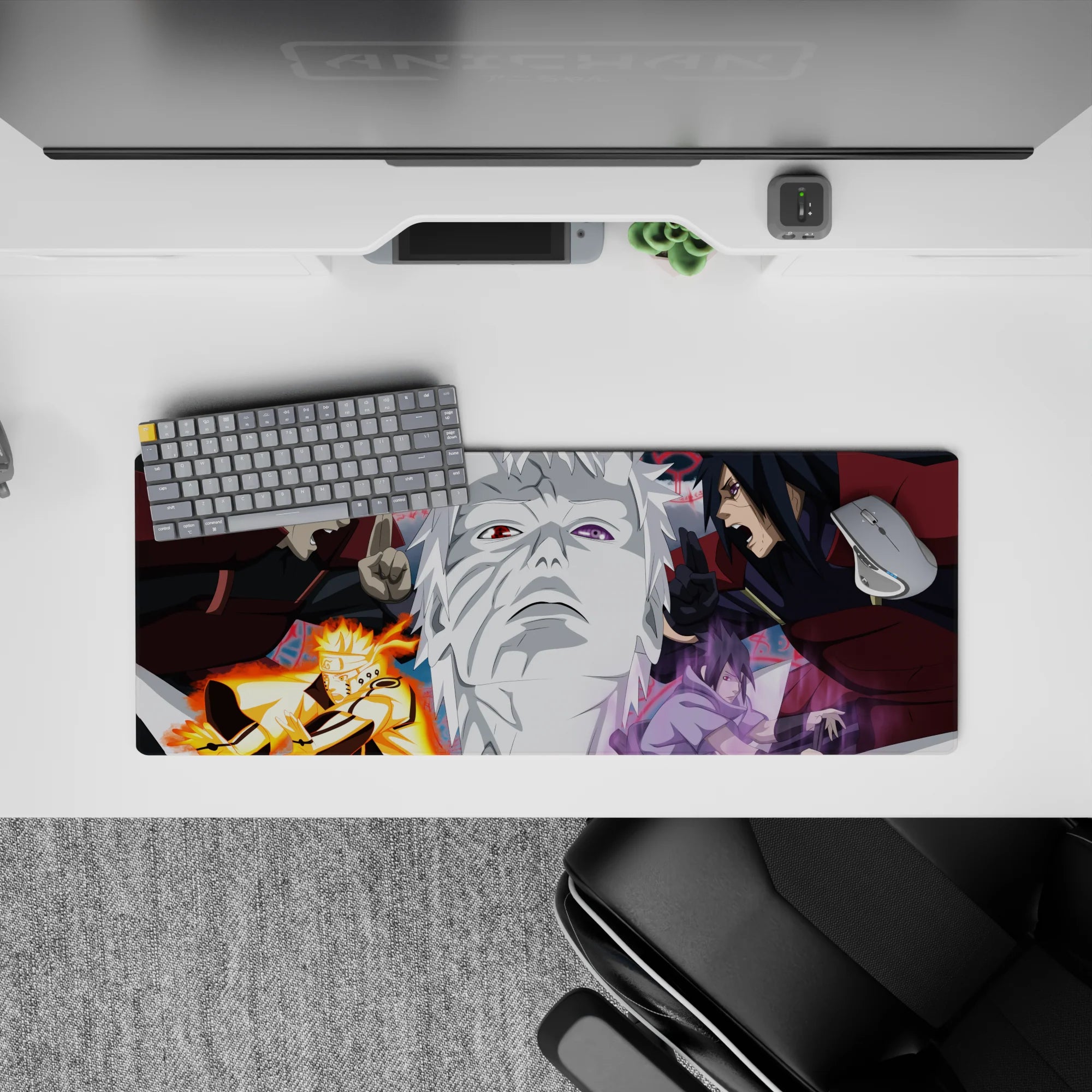 32x12 inches extended mouse pad in red, gray and violet tones with fiery orange chakra, bold and clean.