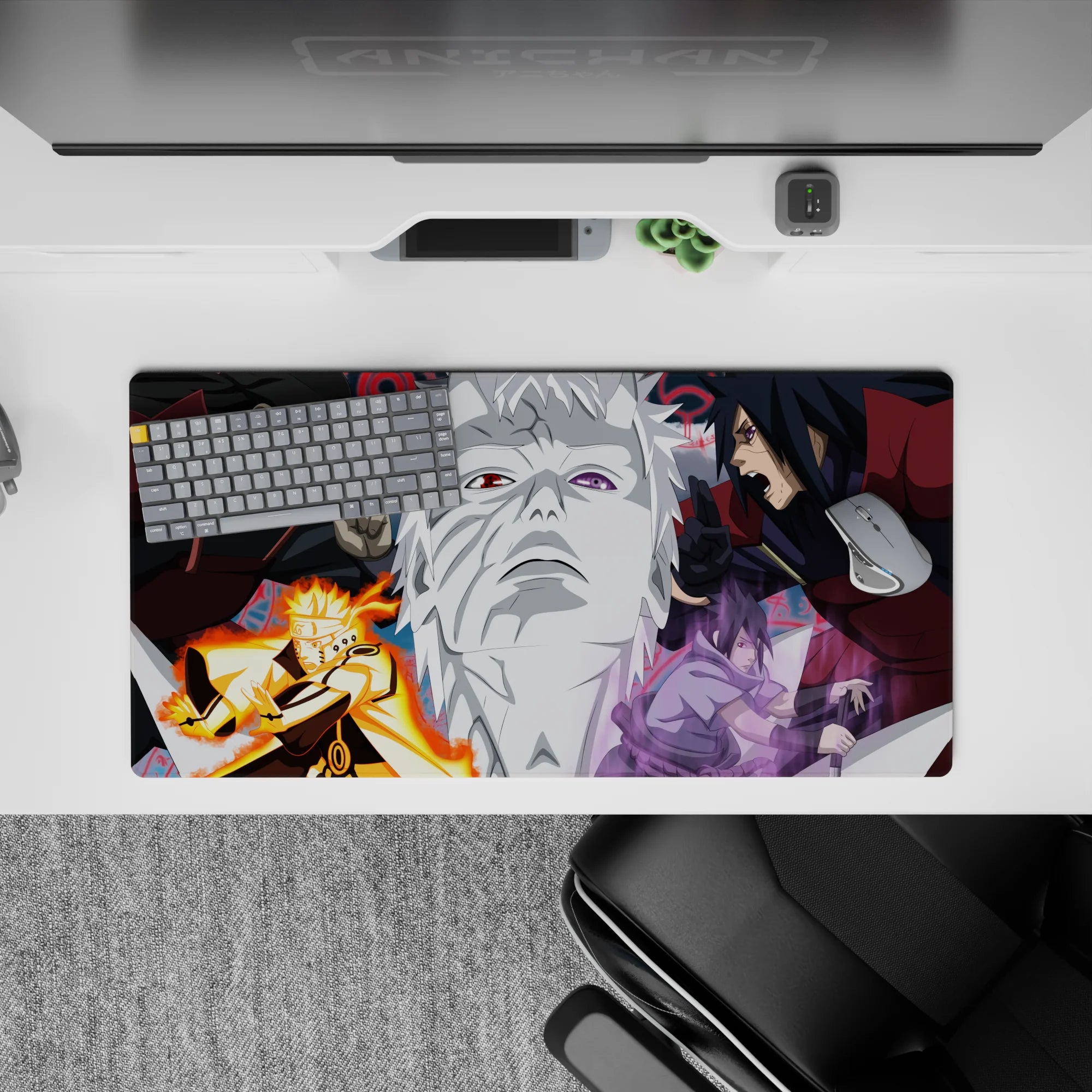 32x16 inches anime mouse pad in bold reds and grays with orange chakra and moody violet power.