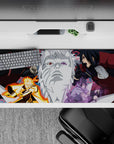 36x16 inches anime desk pad in bold reds and grays with orange chakra and violet energy, clean ink style.