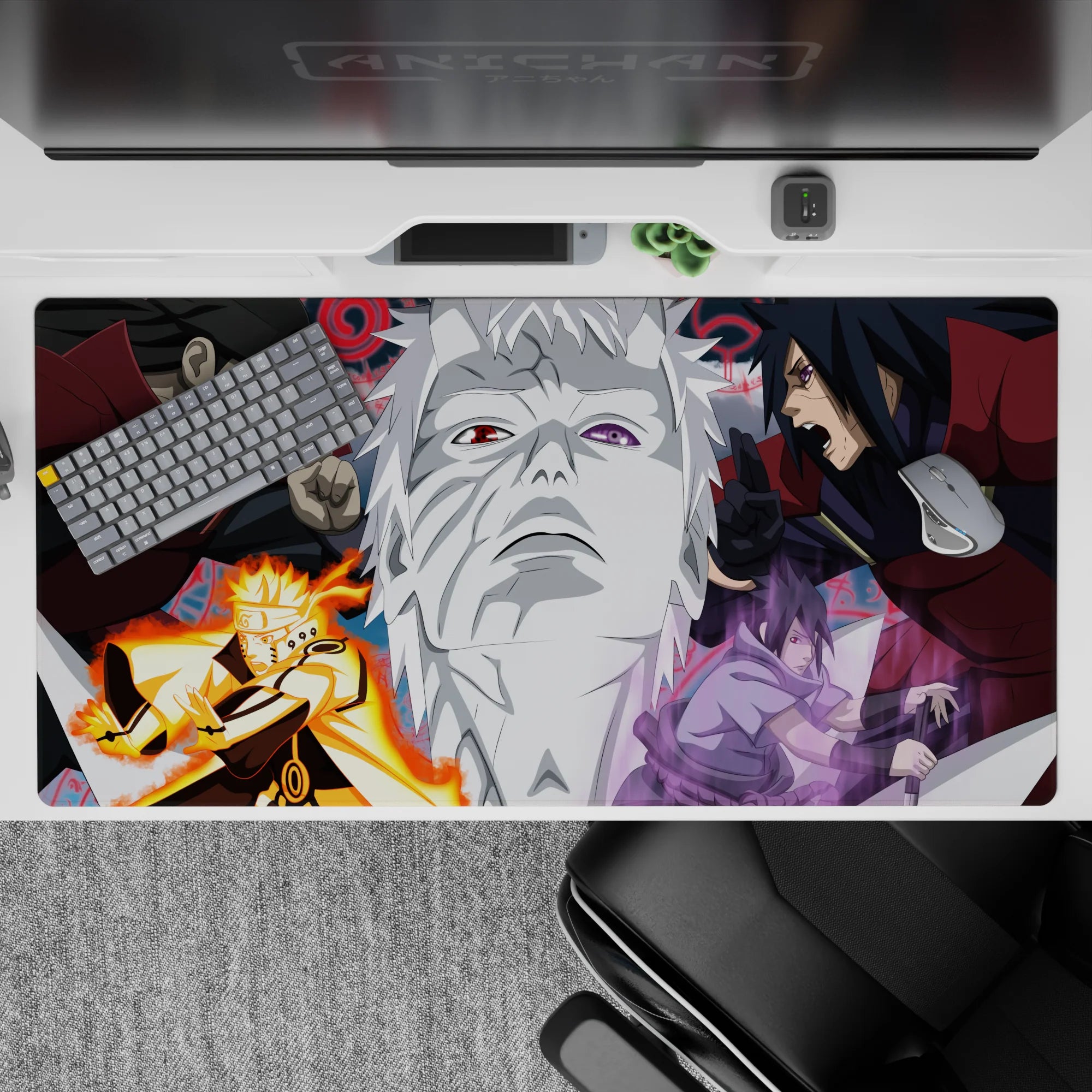 40x20 inches anime desk pad in reds and grays with orange chakra and moody violet energy, clean ink style.
