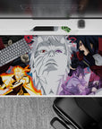 40x20 inches anime desk pad in reds and grays with orange chakra and moody violet energy, clean ink style.