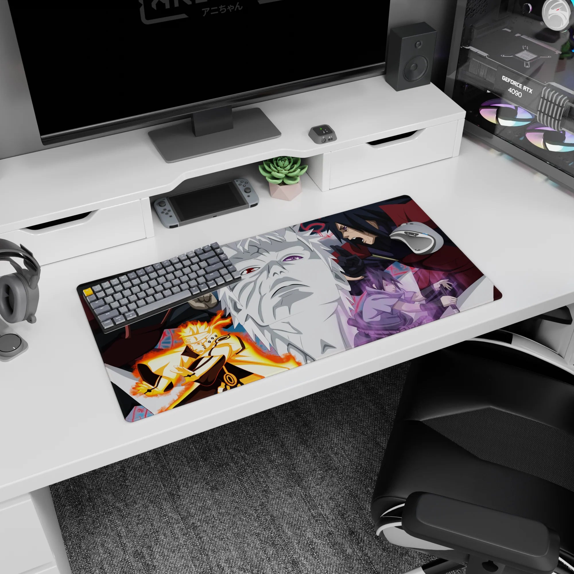 32x16 inches Naruto mouse pad showing Naruto blazing in orange chakra beside Sasuke’s violet aura.