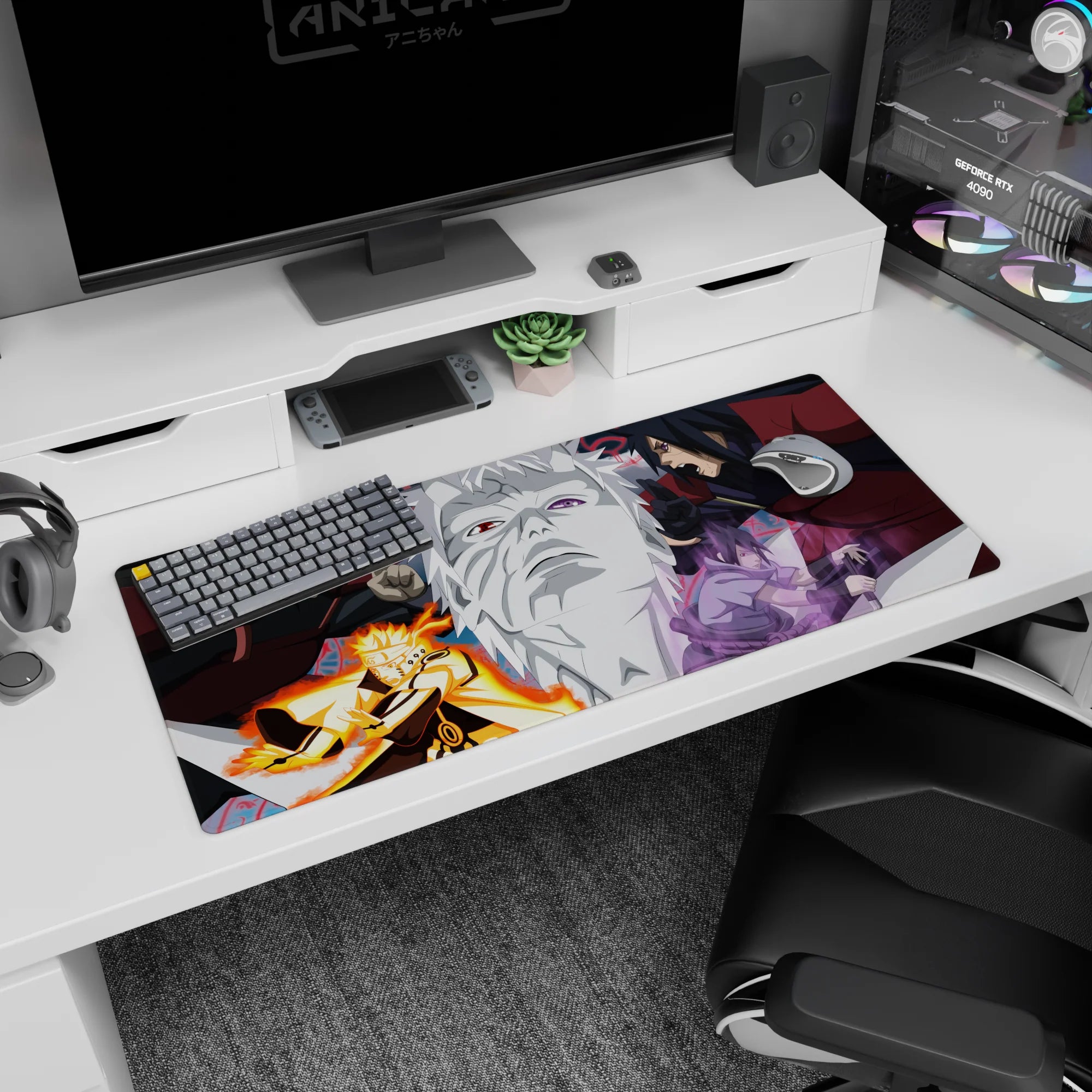 Naruto vs Sasuke scene on 36x16 inches anime desk pad, chakra orange blaze and moody violet power clash.
