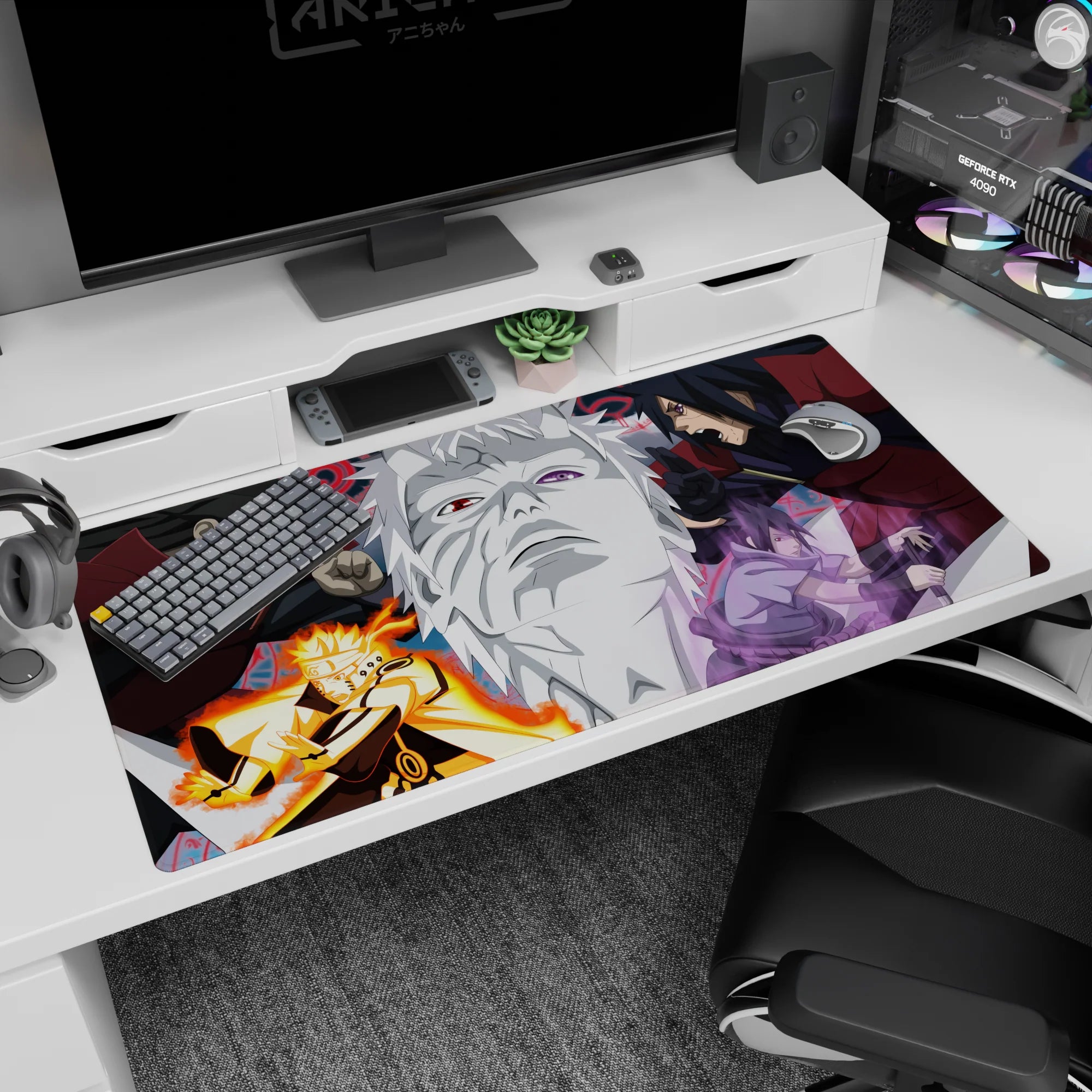 40x20 inches Naruto desk pad showing Naruto vs Sasuke, with Madara and Hashirama glaring across a stone face.