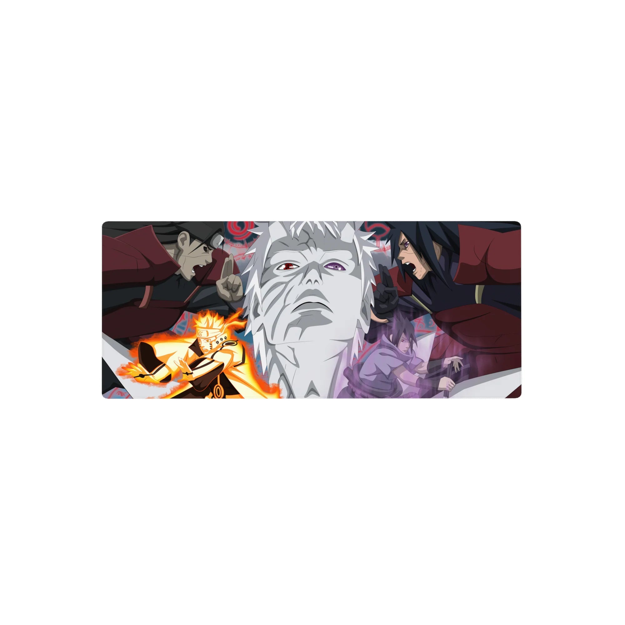 28x12 inches anime mouse pad with Naruto vs Sasuke art, Madara and Hashirama stone face backdrop.