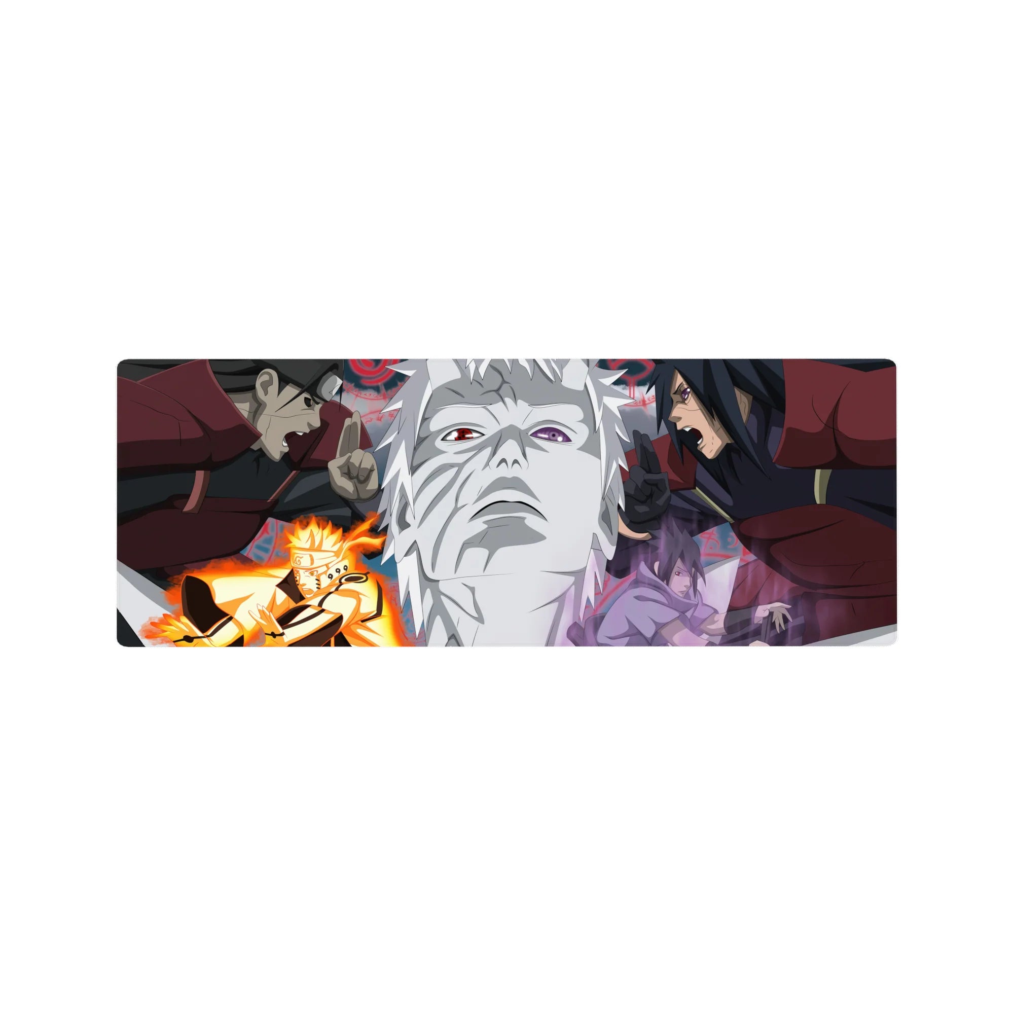 32x12 inches anime mouse pad with Naruto, Sasuke, Madara and Hashirama showdown artwork and ink patterns.