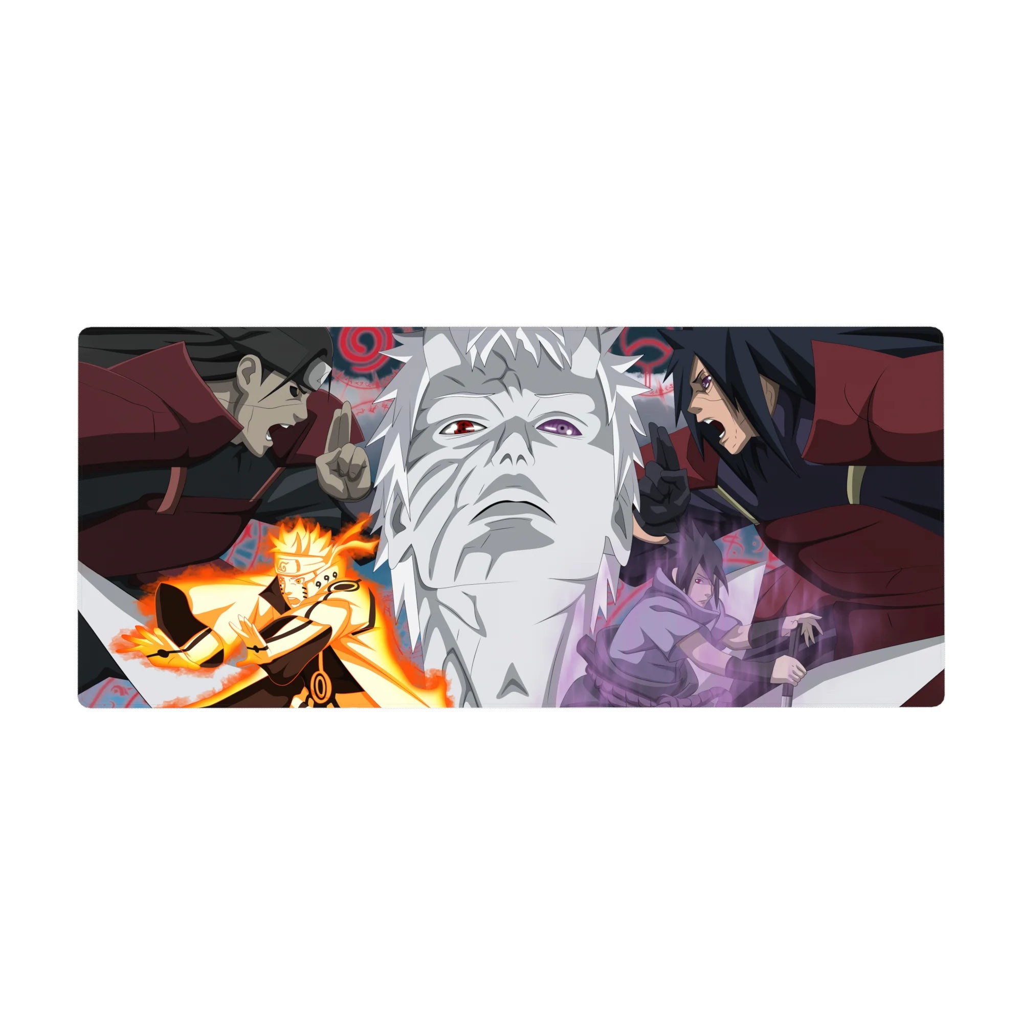 Naruto anime desk pad 36x16 inches with Madara, Hashirama, Naruto, and Sasuke showdown art.