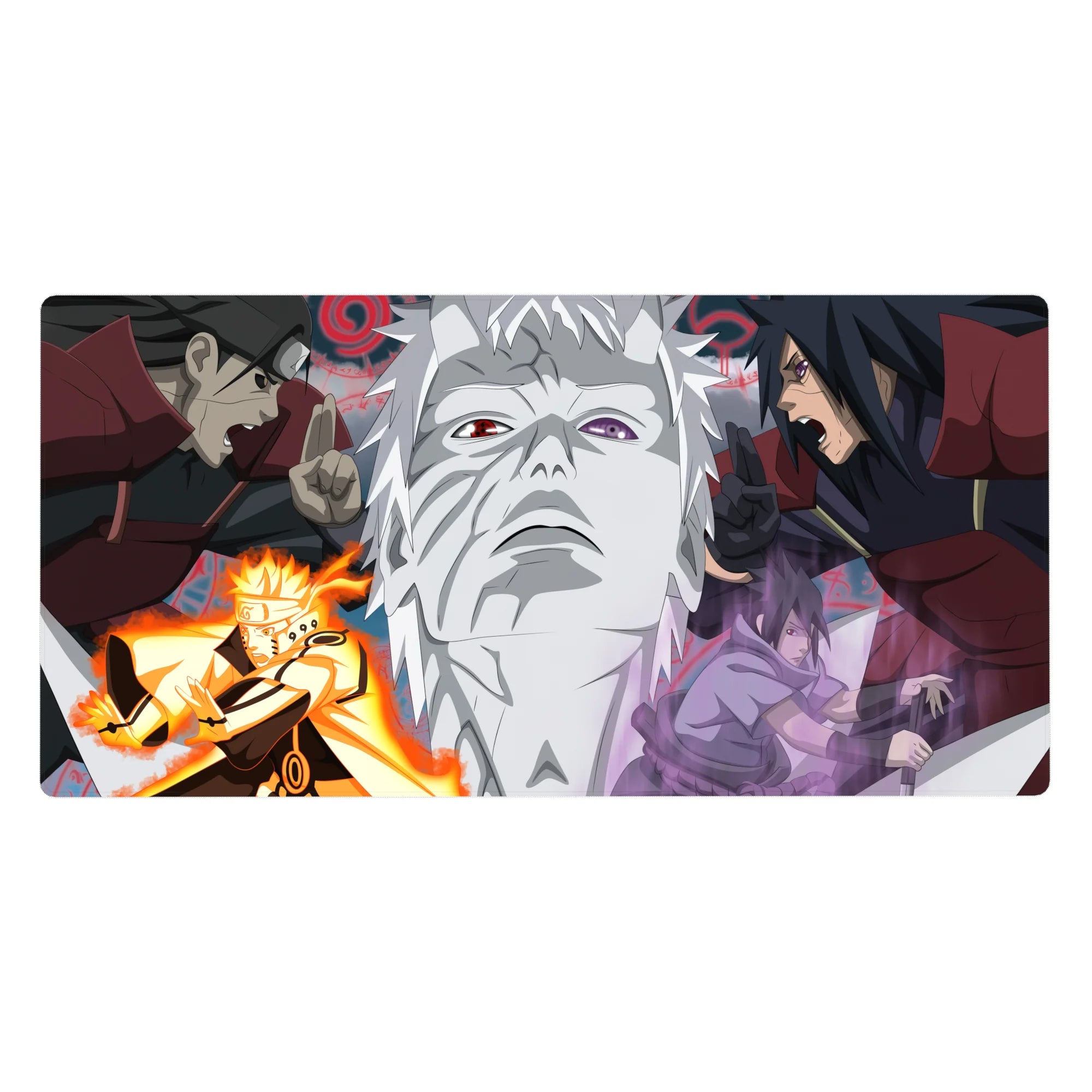 Naruto-themed anime desk pad 40x20 inches with Madara, Hashirama, Naruto and Sasuke showdown art.