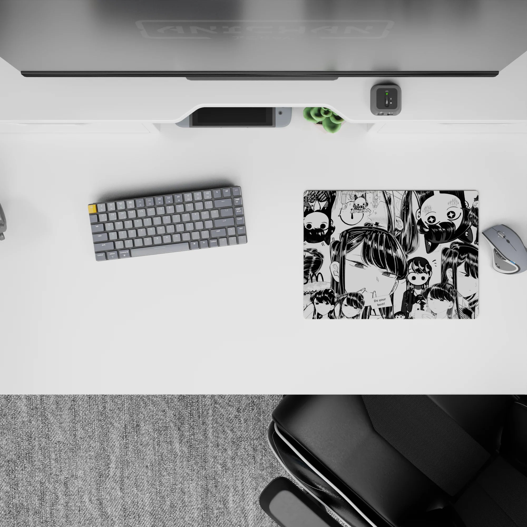 Black-and-white 14x10 inches anime girl mouse pad with cozy cute-chaos vibe, crisp inks and soft shading.