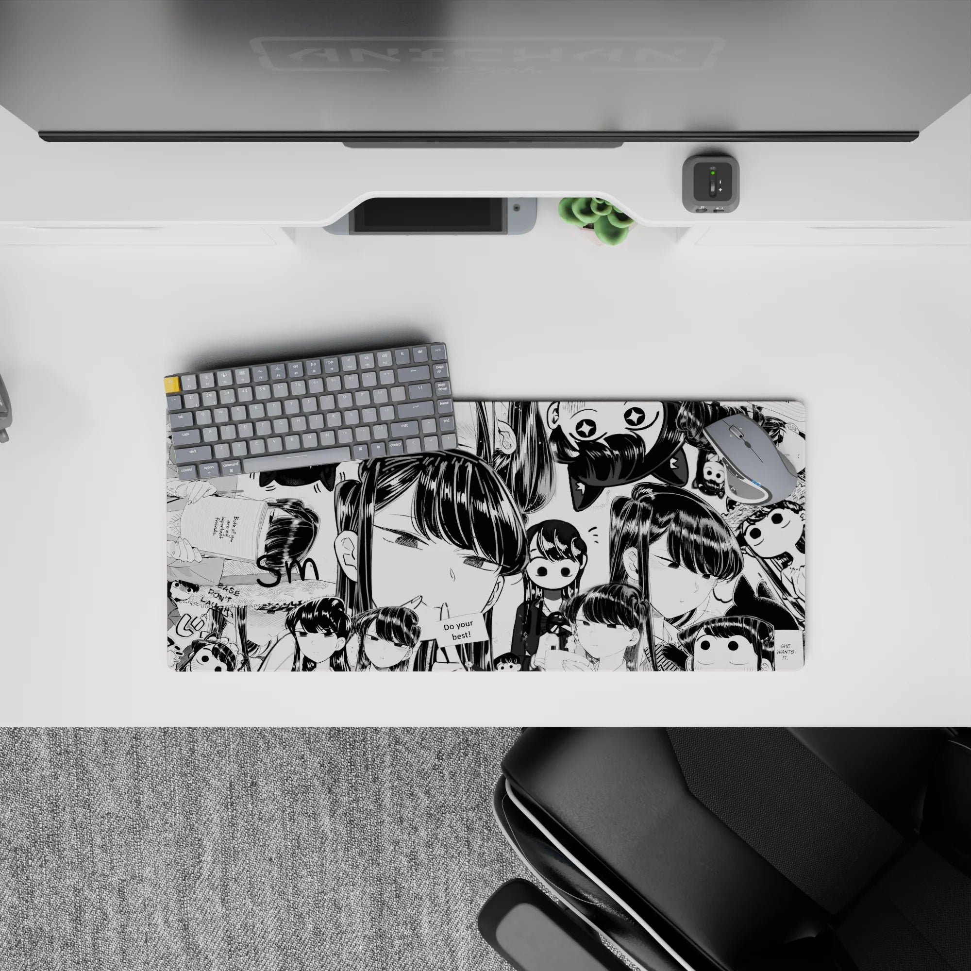 28x12 inches anime girl mouse pad in glossy black and white, cozy chaotic manga vibe with cute sleepy smiles.