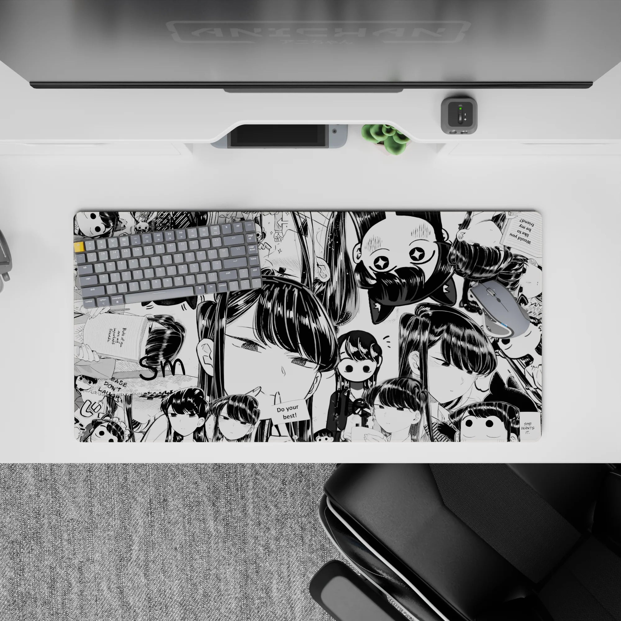 32x16 inches anime girl mouse pad in monochrome manga ink, cozy chaotic vibe with cute sleepy smiles.