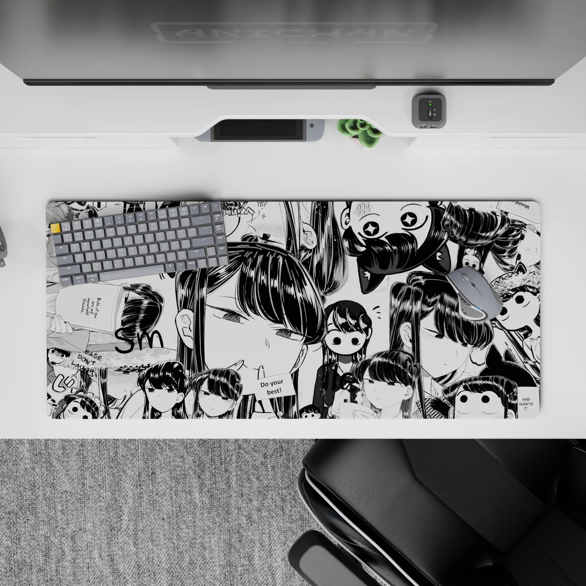 36x16 inches anime girl desk pad in glossy black and white, cozy midnight manga vibe with cute chaos.
