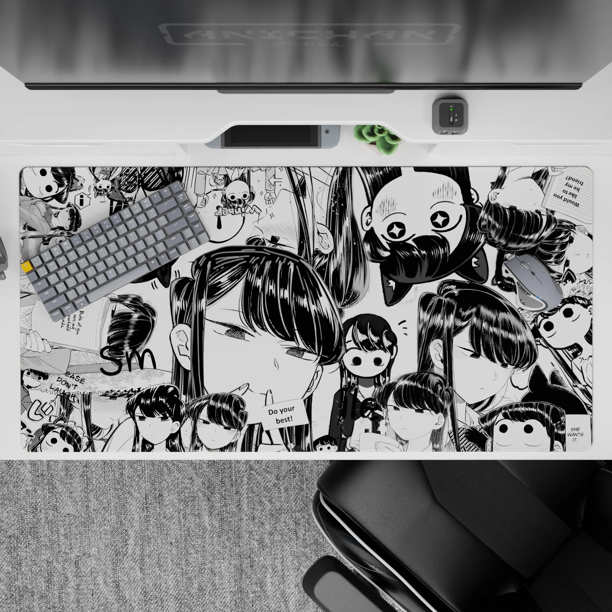 Cute chaotic black-and-white manga mood desk pad 40x20 inches, cozy mischief with crisp ink lines.